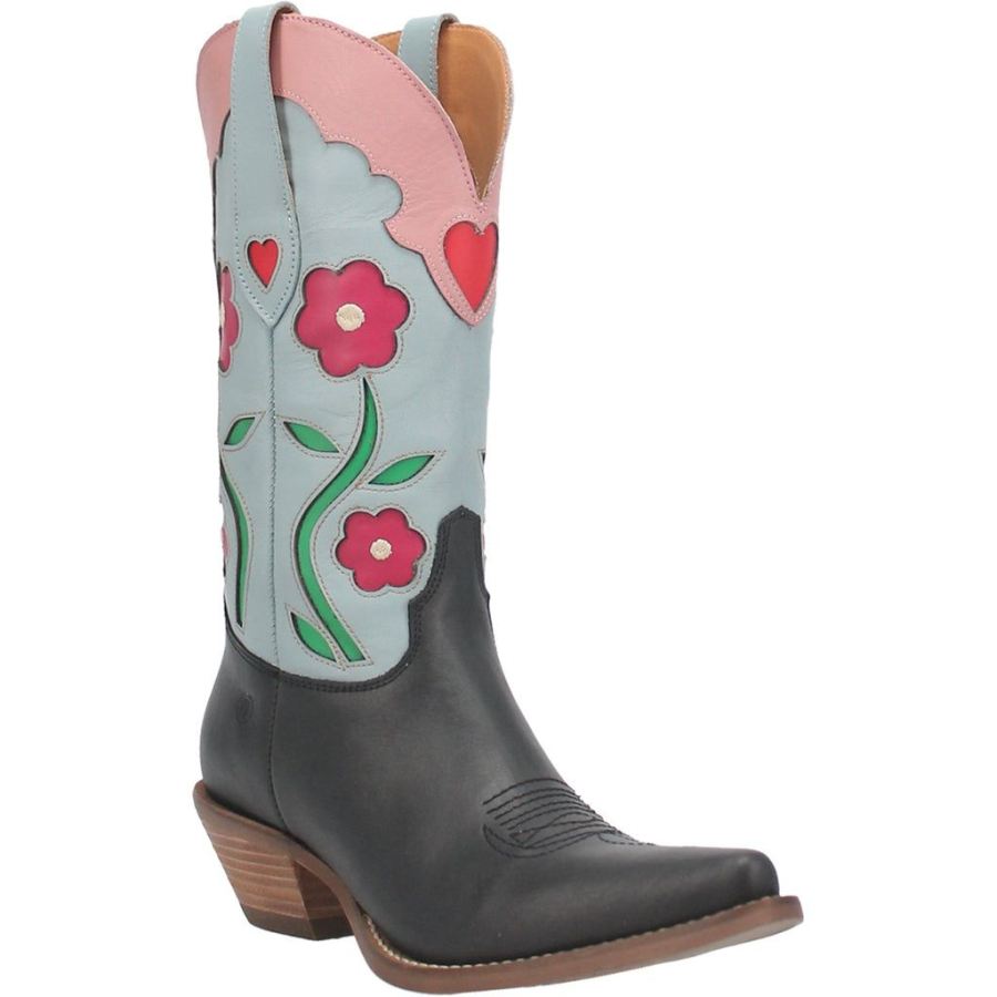 DINGO COMIN UP ROSES LEATHER BOOT-BLACK - Click Image to Close