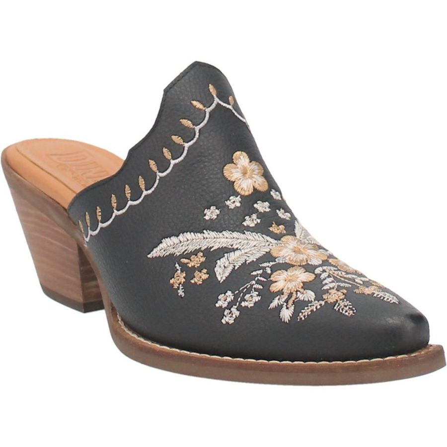 DINGO WILDFLOWER LEATHER MULE-BLACK